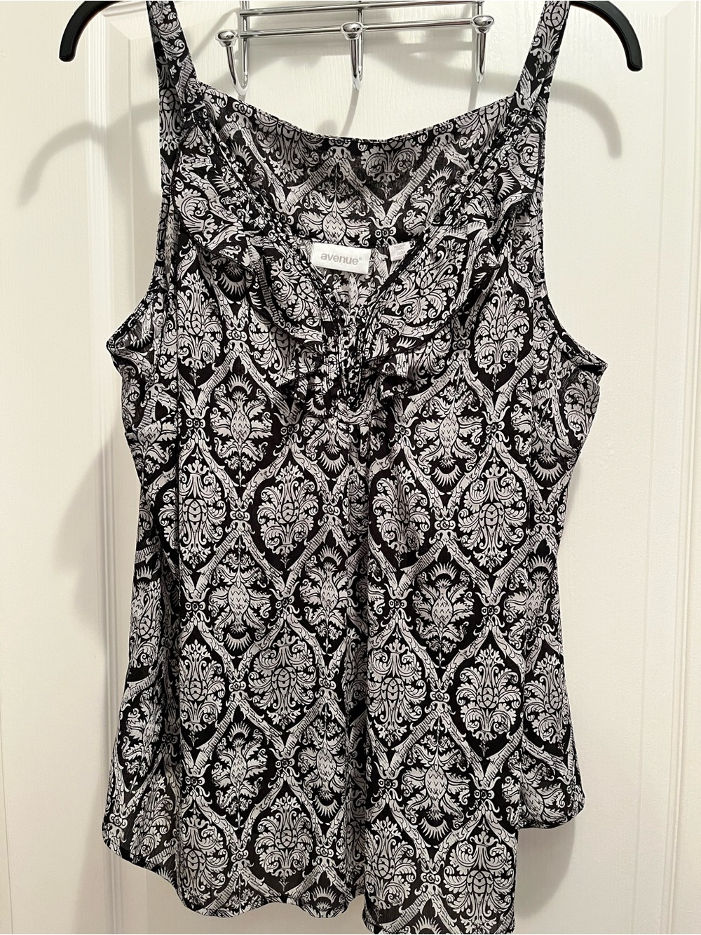 Avenue Black & White Damask Ruffle-Front Camisole